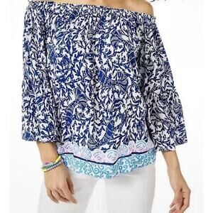 LILLY PULITZER NEVIE OFF-THE-SHOULDER TOP *KRILLIN IT* OYSTER BAY BLUE WHITE